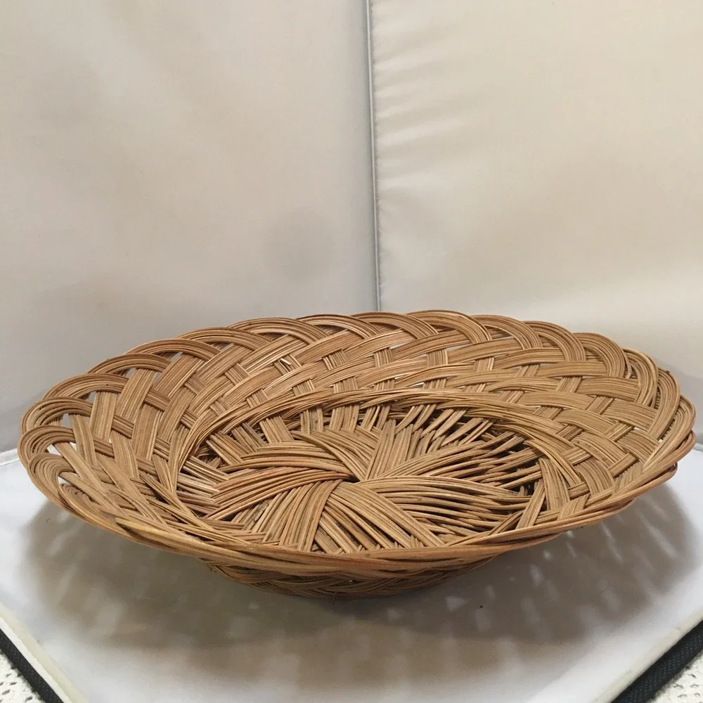 Woven Basket Tray 14 Inch Brown Spiral Wicker Decorative Bowl Cottagecore